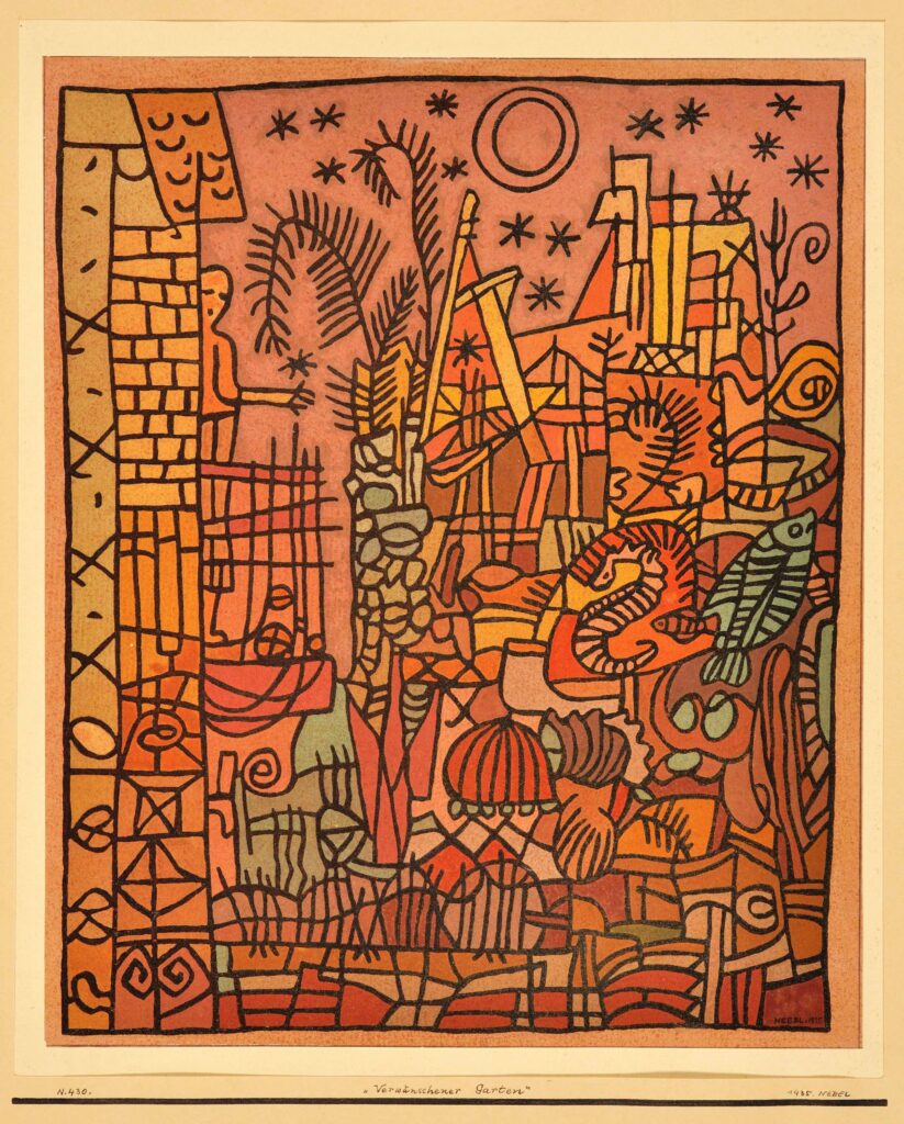 Otto Nebel, Verwunschener Garten, 1935, Tusche, Deckfarben, Firnis und Goldhauch auf Papier, 56,7 × 44 cm Otto Nebel-Stiftung