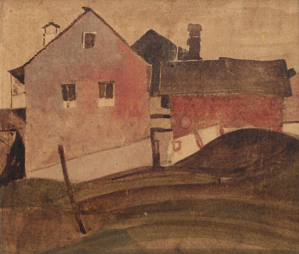 Daniele Buzzi Casa rossa, 1940-45 tecnica mista su carta, 19.5 x 22.5 cm Collezione privata Foto Cosimo Filippin
