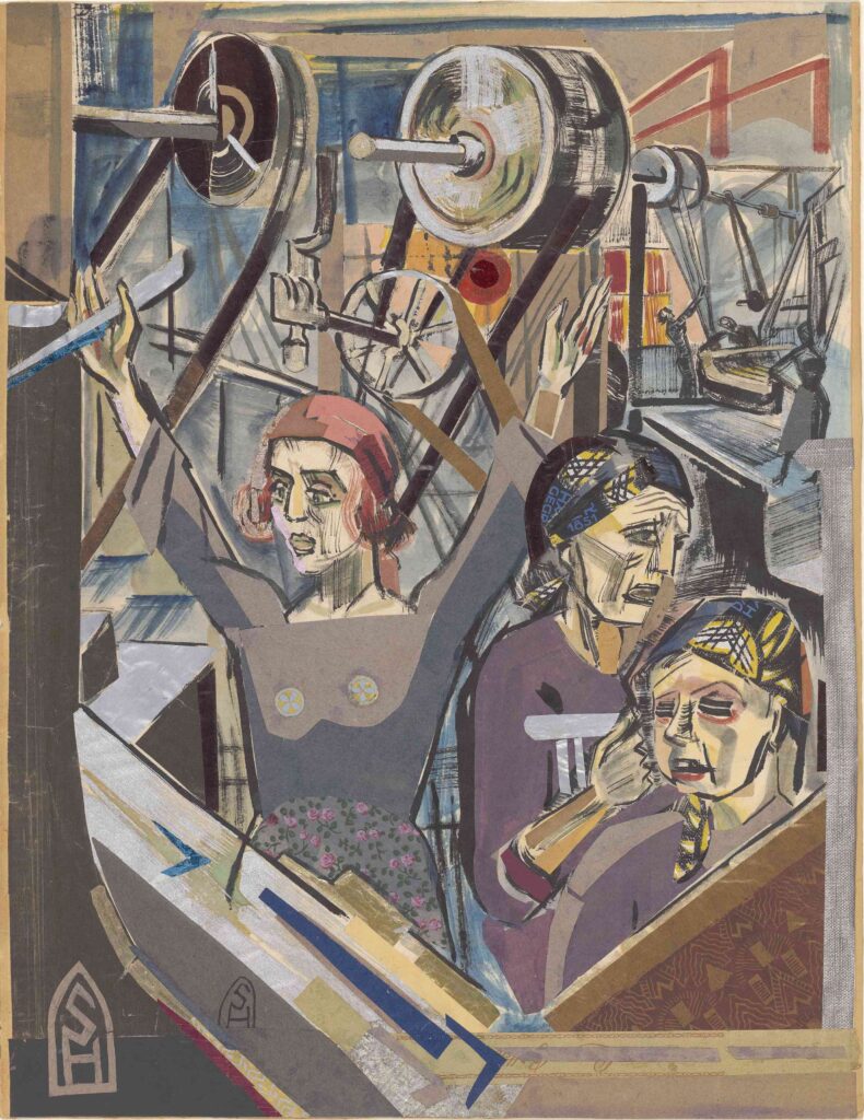 Industriearbeiterinnen Künstler:in & Beteiligte: Sella Hasse Entstehungszeit: ca. 1915 Material/Technik: Collage, Gouache Masse: 55,3 x 42,6 cm Copyright: Rechtsnachfolge unbekannt Creditline: Akademie der Künste, Berlin, Kunstsammlung, Inventar-Nr.: E 66