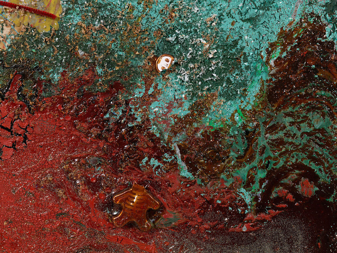 John M Armleder, Yaketi Yak (Detail), 2022, techniques mixtes sur toile, 220 x 1000 cm, Depôt Crozier, Genève, Suisse - Photo: Annick Wetter
