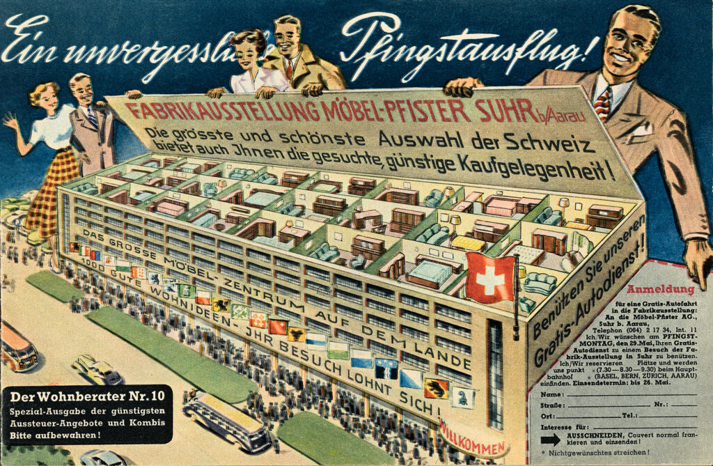 Publikation "Möbelindustrie und -handel seit 1870": Prospekt von Möbel-Pfister mit Darstellung des Hauptsitzes in Suhr, 1940er-Jahre