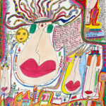 Carol Bailly (*1955) «Madame serpent-sur-la-tête est mécontente», undatiert Mischtechnik auf Papier, 32×24 cm, open art museum, St.Gallen, Schenkung Simone und Peter Schaufelberger-Breguet