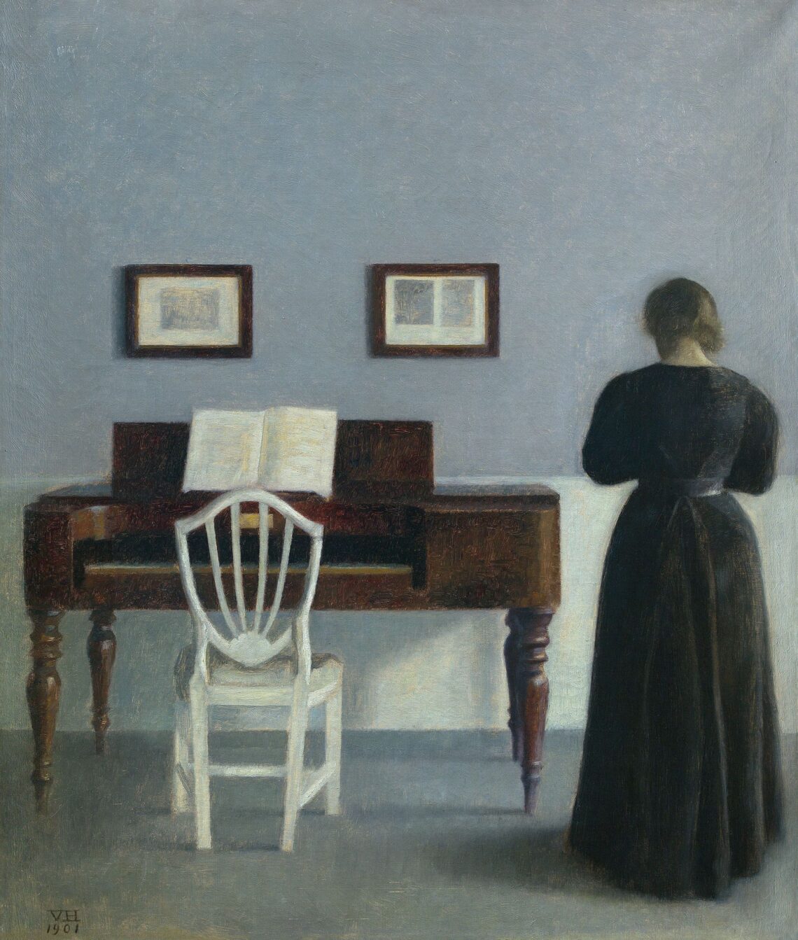 Vilhelm Hammershøi, Interieur mit der Frau des Künstlers, von hinten gesehen, 1901Öl auf Leinwand, 45 x 39 cm, Privatsammlung
