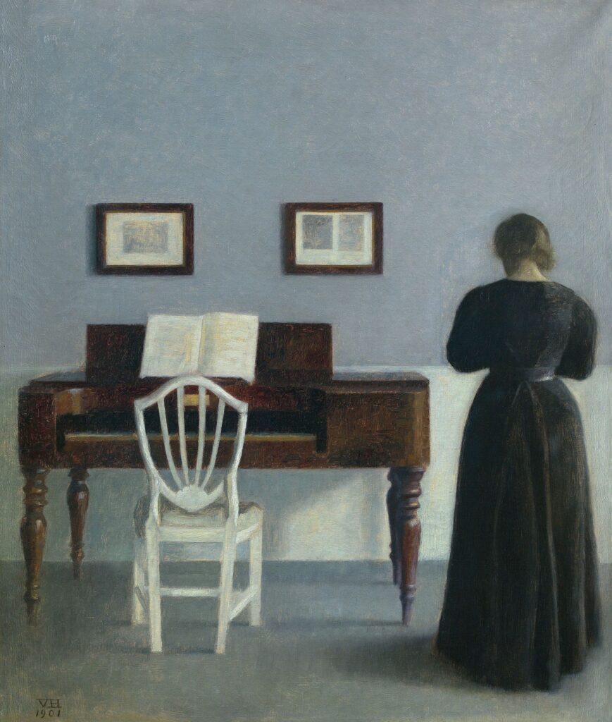 Vilhelm Hammershøi, Interieur mit der Frau des Künstlers, von hinten gesehen, 1901Öl auf Leinwand, 45 x 39 cm, Privatsammlung
