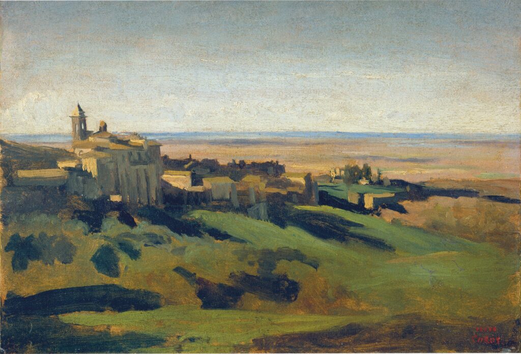 Jean-Baptiste Camille Corot, Blick auf Marino in den Albaner Bergen am frühen Morgen, 1826–1827, Öl auf Leinwand, 23 x 35 cm, Städel Museum, Frankfurt am Main