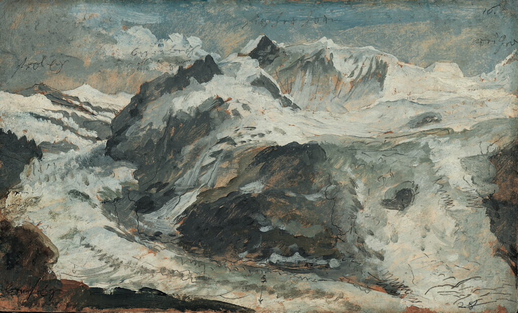 Caspar Wolf, Blick von der Bänisegg auf den unteren Grindelwaldgletscher auf das Fiescherhornmassiv, um 1774, Öl und Bleistift auf Karton, 22 x 37 cm, Aargauer Kunsthaus, Aarau