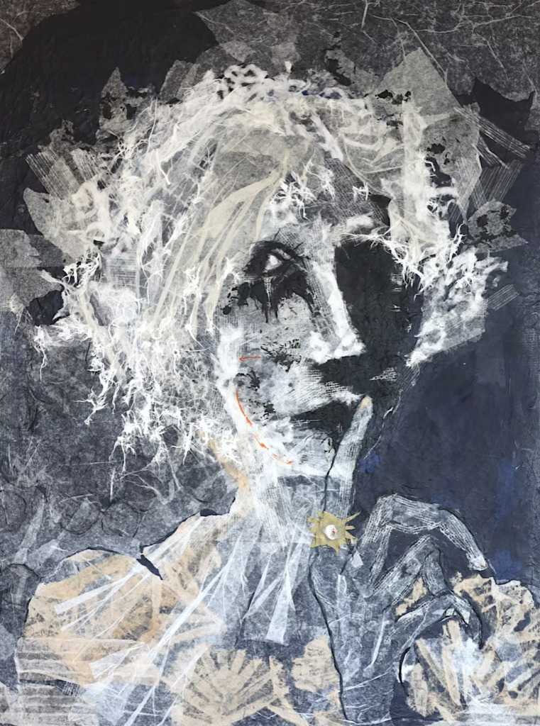 © Margot Buffet, Soupir vide, hélas, papiers sur toile, assemblage, 100 × 73 cm, 2025, © M. Buffe