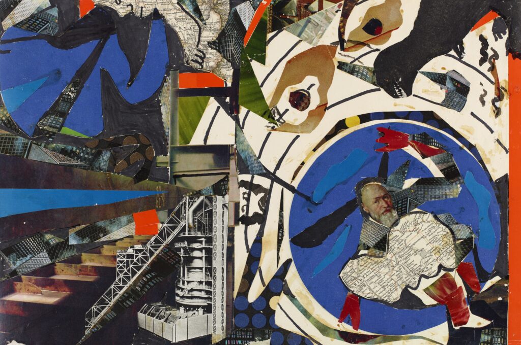 Friedrich Dürrenmatt, Collage, blau / rot, mit Landkarte Rioja-Gebiet, 1968, Collage und Mischtechnik auf Papier, 30 × 45 cm, Sammlung Centre Dürrenmatt Neuchâtel - © CDN / Schweizerische Eidgenossenschaft