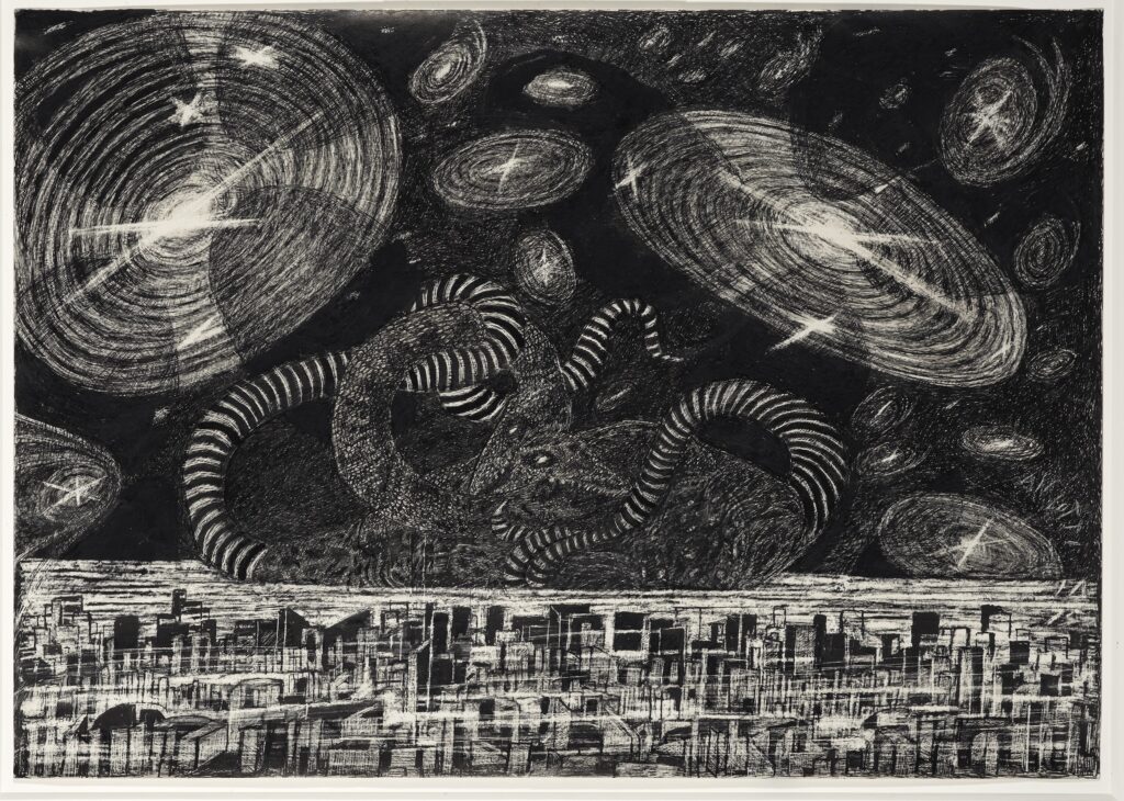 Friedrich Dürrenmatt, Die beiden Tiere, 1975, Tusche (Feder) auf Papier, 35.9 × 50.6 cm, Sammlung Mario Botta - © CDN/Schweizerische Eidgenossenschaft