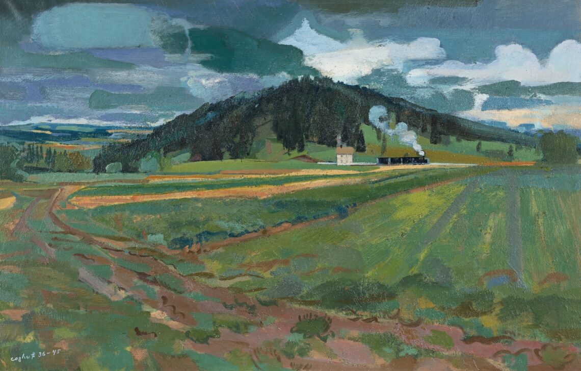 Ernst Stocker dit Coghuf, Dans les Franches Montagnes (avec petit train) : In den Franches Montagnes (mit Bähnli), 1936–45, Huile sur toile : Öl auf Leinwand, 90 × 140 cm, Collection Helvetia Baloise Group © Succession Stocker : photo Christian Baur