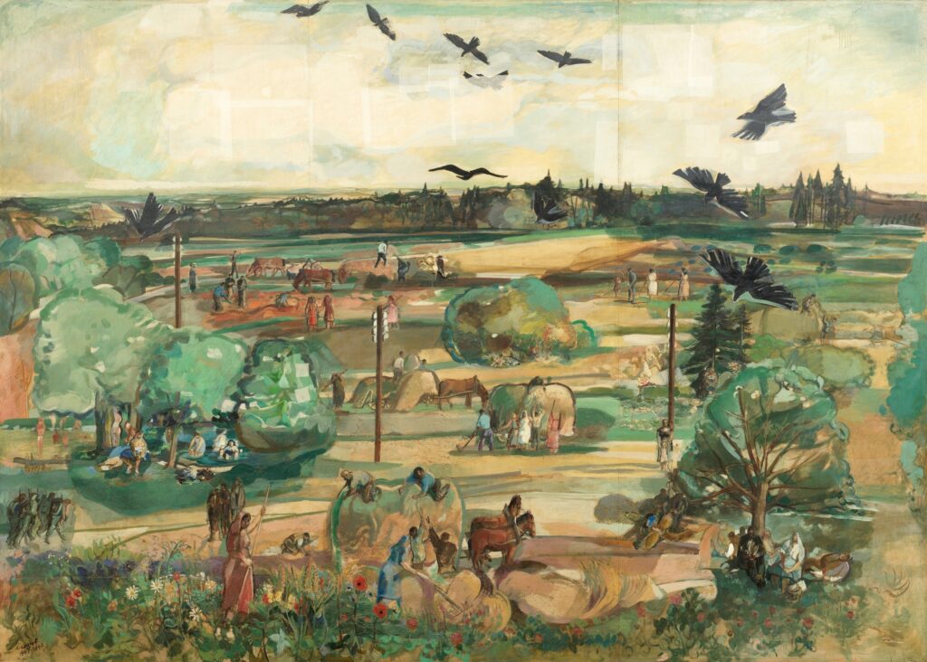 Ernst Stocker dit Coghuf, L'été, 1941 (-1943), Technique mixte sur panneau, 238 × 330 cm, Collection jurassienne des beaux-arts, don du Basler Kunstverein 2026 © Succession Stocker : photo Moritz Herzog