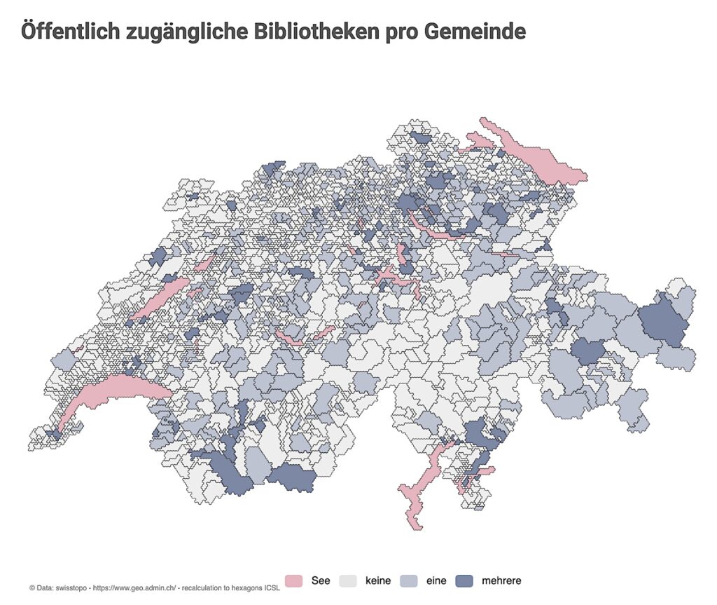Bild: 2025 zählt die Umfrage 991 öffentliche Bibliotheken (Total Anzahl teilnehmende Bibliotheken: 1025). Im Durchschnitt gibt es in der Schweiz 10.9 öffentliche Bibliotheken pro 100'000 Einwohnerinnen und Einwohner (Total CH: 9'051'000 [BFS, 2024]). © Data: swisszopo - https://www.geo.admin.ch/ - recalculation to hexagons ICSL - Quellen, 2022–2023: Daten des BFS und Berechnungen der ZHAW; 2024-2025: Daten und Berechnungen der ZHAW