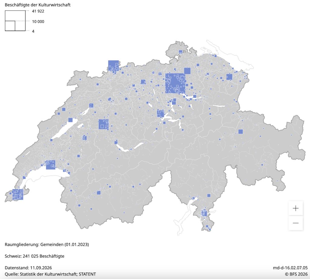 Karte: Kulturwirtschaft, 2011 – 2024 Kulturbetriebe nach Gemeinden / Beschäftigte - Quelle: Statistik der Kulturwirtschaft; STATENT - © BFS 2026, https://www.bfs.admin.ch/bfs/de/home/aktuell/neue-veroeffentlichungen.assetdetail.36794776.html
