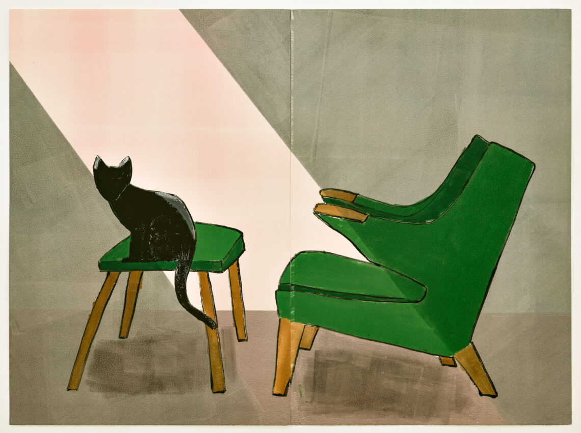 Bild: Zilla Leutenegger Titel: Papa Bear Chair Entstehungszeit: 2021 Material/Technik: Diptychon, Öl auf Baumwollpapier, Monotypie Masse: 118,5 × 160 cm Creditline: Courtesy Galerie Peter Kilchmann, Zurich, Paris Fotocredit: Sebastian Schaub © Zilla Leutenegger
