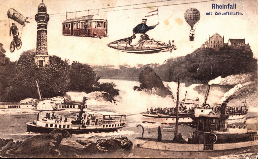 Postkarte Rheinfall mit Zukunftshafen, verlegt von W. Brunner, Neuhausen a.Rh., Museum zu Allerheiligen Schaffhausen, Depositum der Sturzenegger-Stiftung,Foto: I Foto: Ivan Ivic
