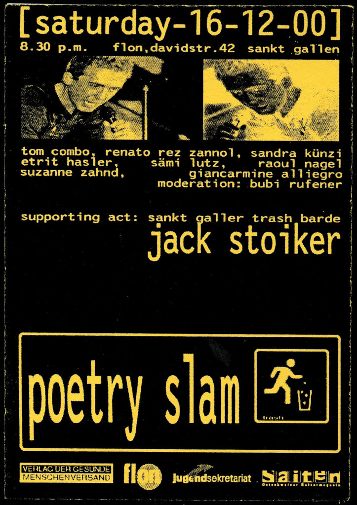 Bild: Flyer des ersten Slams in St.Gallen, 2000 - Bild: https://poetryslam.ch/blog/ein-slam-archiv-fuer-die-ewigkeit/