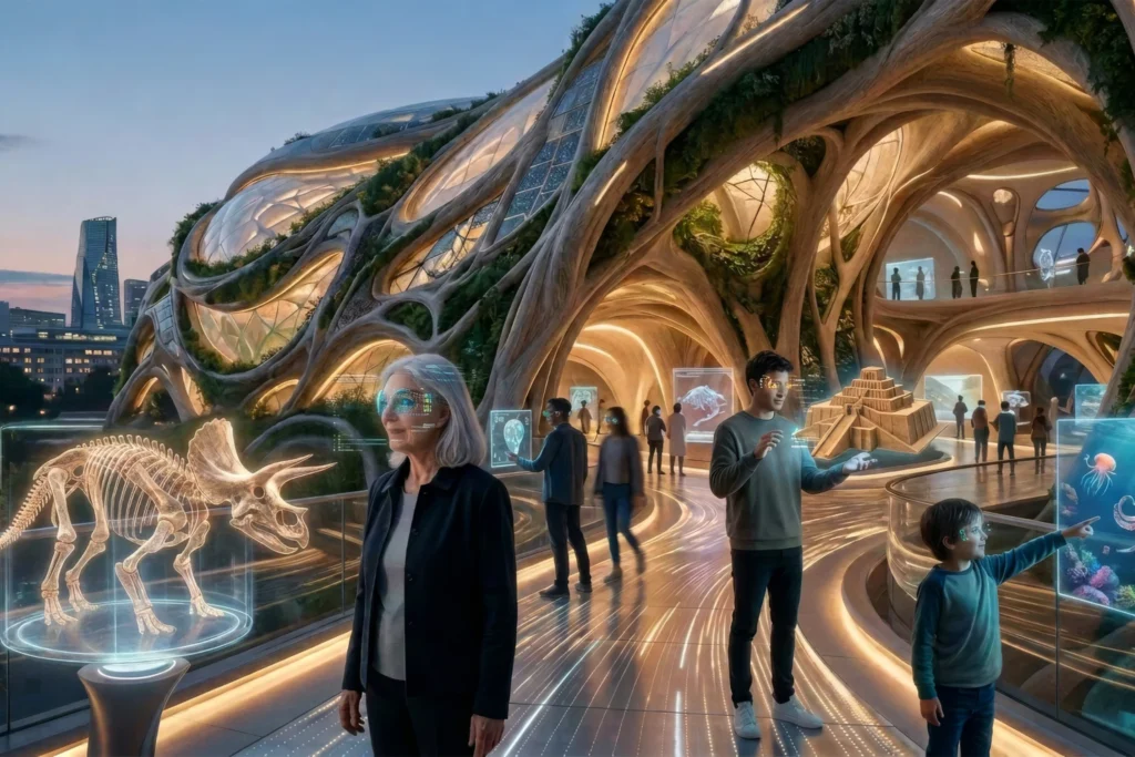 Gebäudehülle organisch, Ausstellungsobjekte virtuell: Könnte so das Museum der Zukunft aussehen? Visualisierung eines Gedankenexperiments mithilfe eines KI-Bildgenerators. © Timo Landenberger, KI-generiert mit Adobe Firefly/Gemini Flash