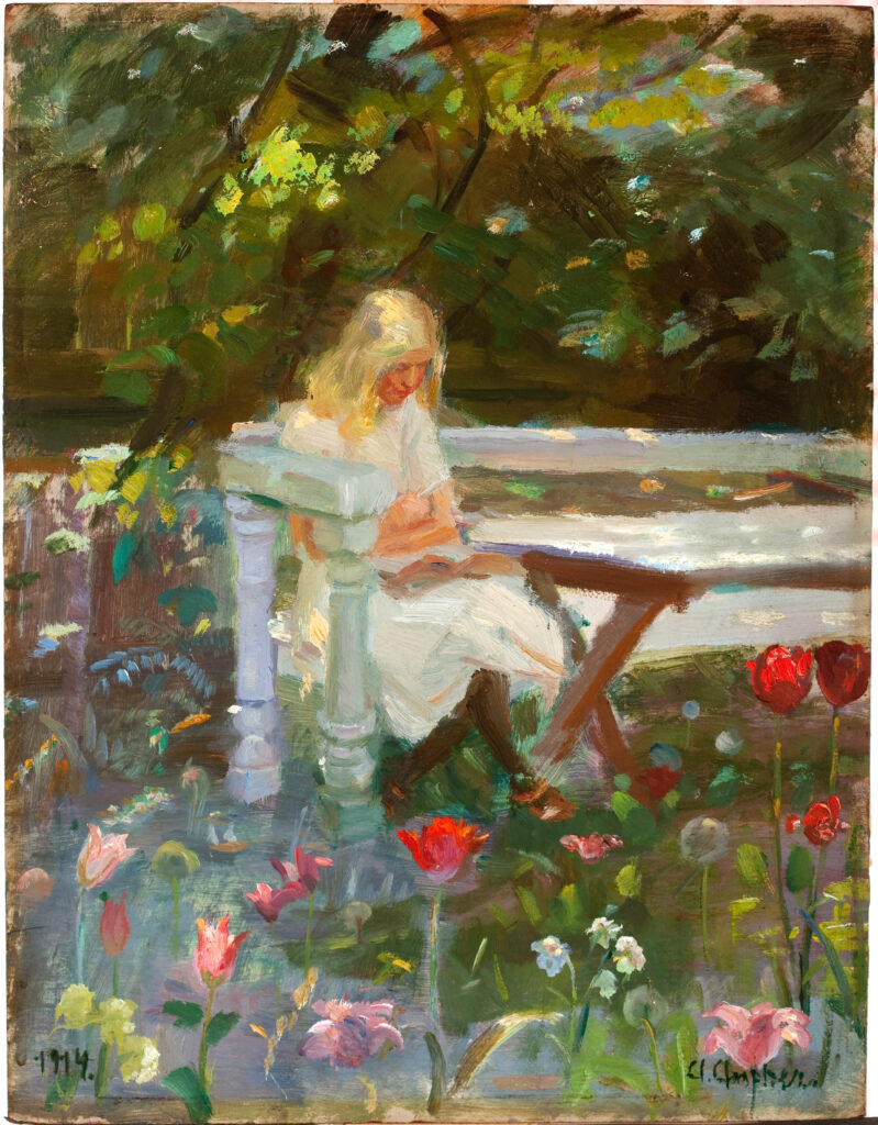 Anna Ancher Ein Mädchen im Garten im Sommer. Skagen, 1914 Öl auf Malpappe 35 × 28 cm Skagens Museum