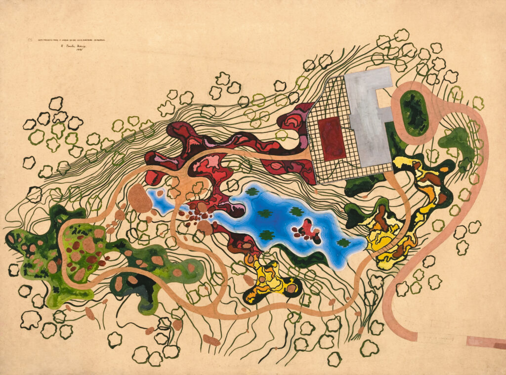 Roberto Burle Marx
Residência Odette Monteiro, Corrêas,
Petropólis, Brasilien, Plan, 1945
Gouache und Farbstift auf Sulfitpapier
88,5 × 120 cm
Acervo Instituto Burle Marx
© Roberto Burle Marx
