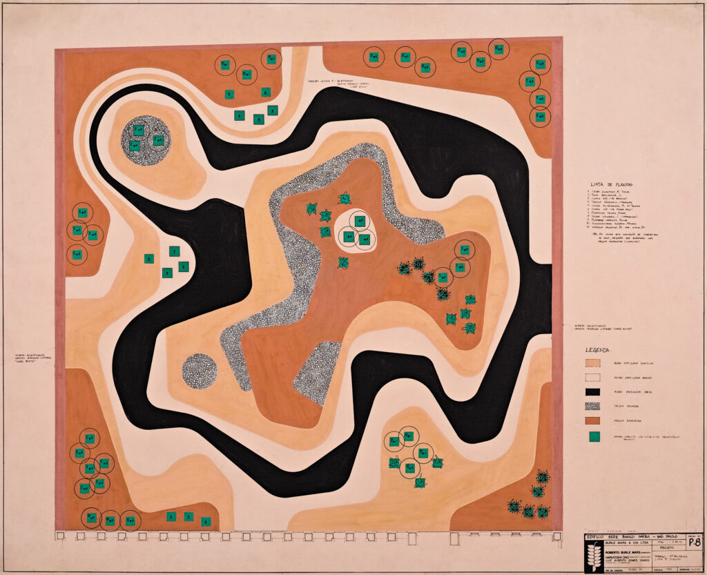 Burle Marx & Cia. Ltda. Banco Safra, Hauptsitz, São Paulo, Brasilien, Blatt P. 8, Plan des Dachgartens mit Pflanzenliste, 11.12.1986 Gouache, Tusche und heliografischer Druck auf Sulfitpapier 80,8 × 99,5 cm Acervo Instituto Burle Marx © Burle Marx & Cia. Ltda.