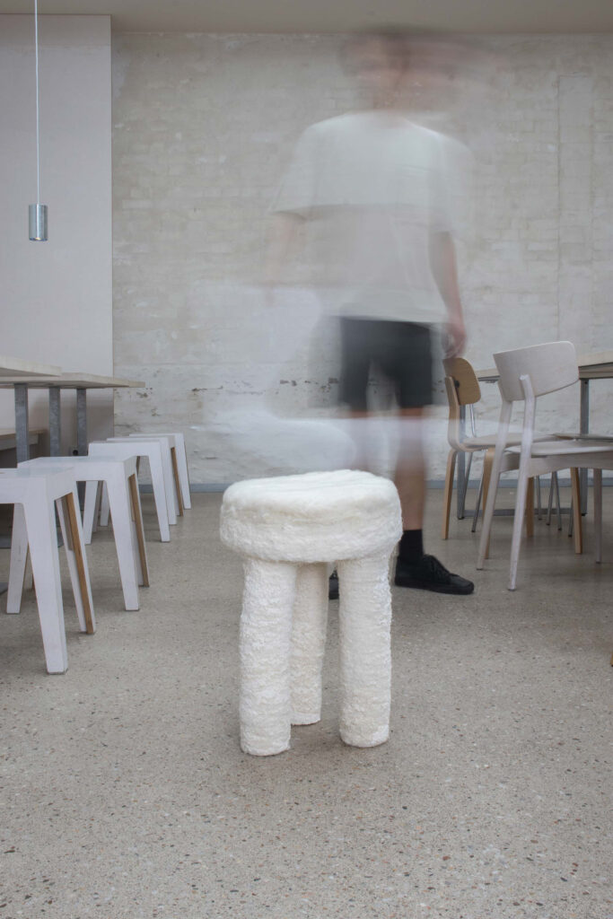 Matthis Plaga & Leon Ehrmann Semesterprojekt «Microbial Factories», Sommer 2025 «Bactory» hat ein innovatives Verfahren entwickelt, das CNC-gefilzte Schafwolle in einem Bad mit Mikroorganismen verfestigt.