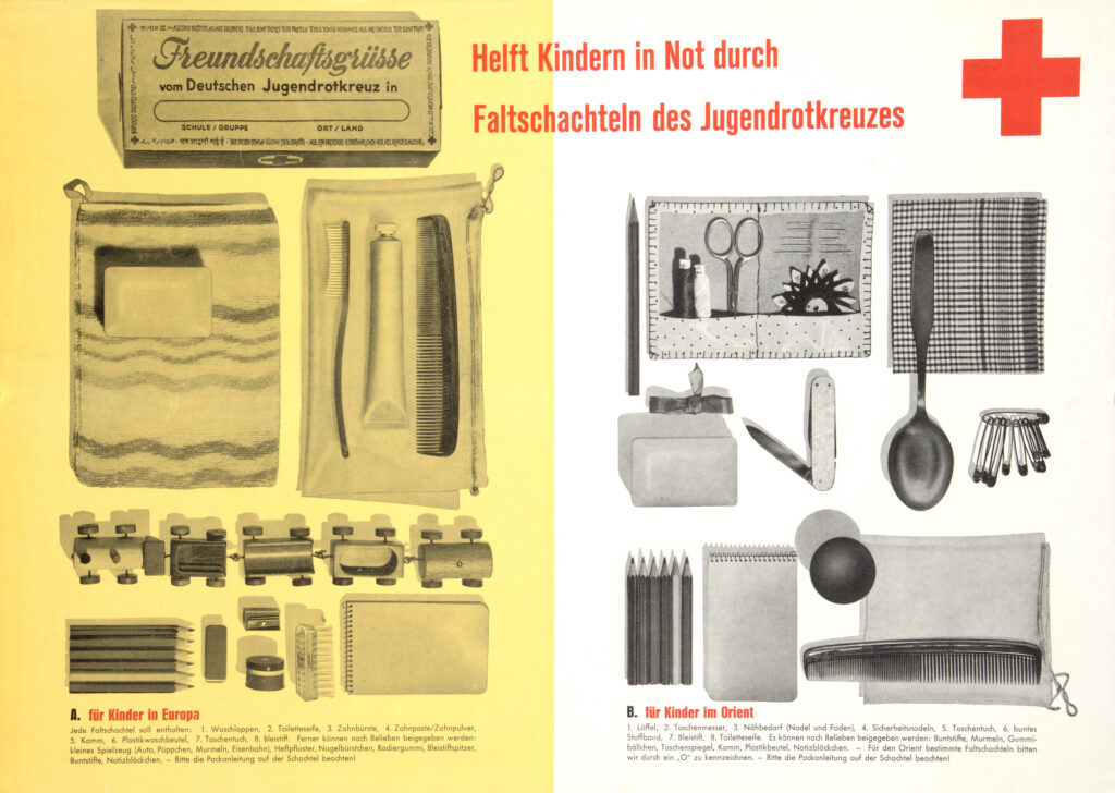 Aidez les enfants en détresse grâce aux boîtes solidaires de la Jeunesse de la Croix-Rouge Suisse, 1965, BBT-2000-114-9 © Dépôt FISCR, Genève. Collection MICR, Genève