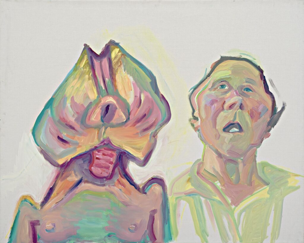 Gemälde „Zwei Arten zu sein (Doppelselbstporträt)“ von Maria Lassnig (2000). Öl auf Leinwand, 100 x 125 cm. Aus dem Archiv der Maria Lassnig Stiftung - Lizenz: https://creativecommons.org/licenses/by-sa/4.0/deed.en - Datei:https://commons.wikimedia.org/wiki/File:Maria-lassnig-zwei-arten-zu-sein-doppelselbstportraet-2000.tif?page=1
