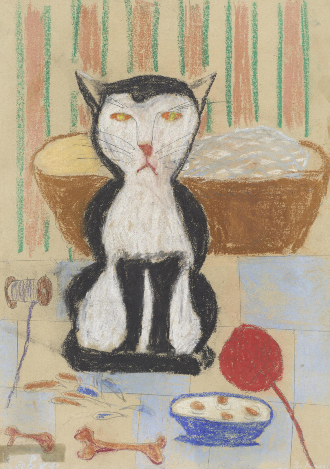 Bild2«Katze», 1954. Kinderzeichnung eines 8-jährigen Schülers der 2. Klasse des Felsbergschulhauses in Luzern. Bleistift und Kreide auf Papier, 37,5 × 26,3 cm. Archiv der Kinder- und Jugendzeichnungen der Stiftung Pestalozzianum, Signatur PKW_155_082
