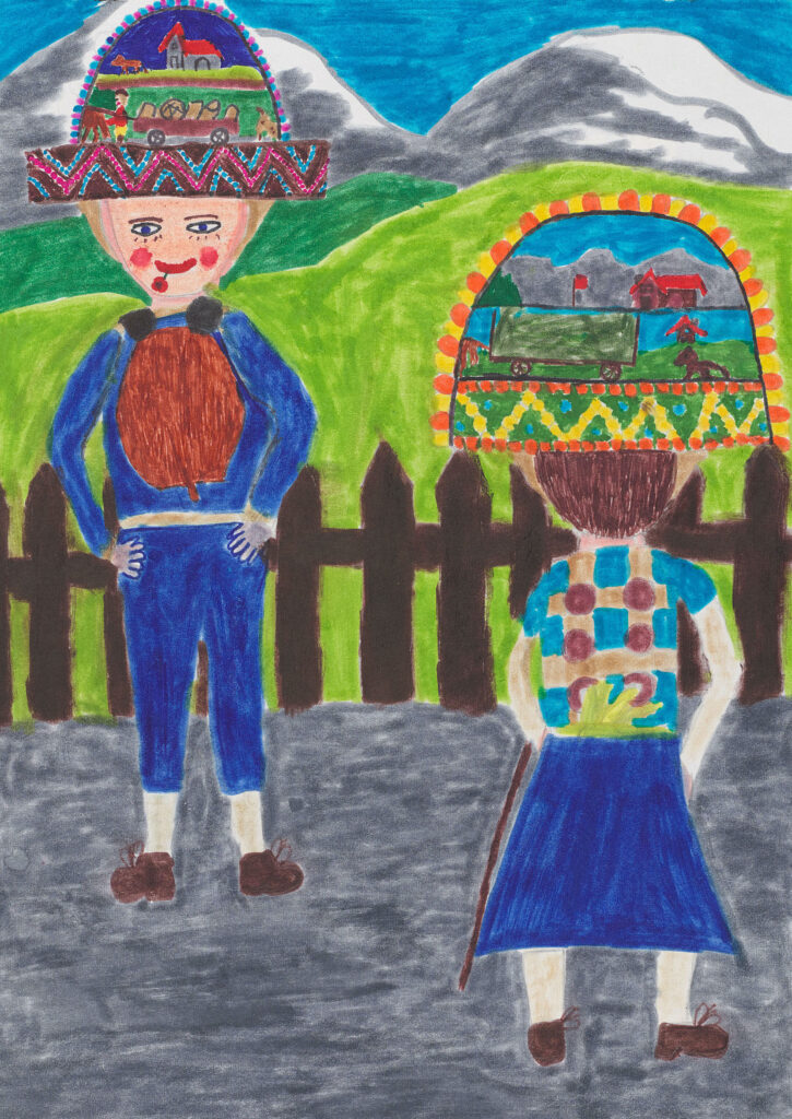 «Silvesterkläuse 1973 leider ohne Schnee», 1974. Zeichnung einer 11-jährigen Schülerin aus Herisau. Archiv der Kinder- und Jugend-zeichnungen der Stiftung Pestalozzianum, PKW_021_205.