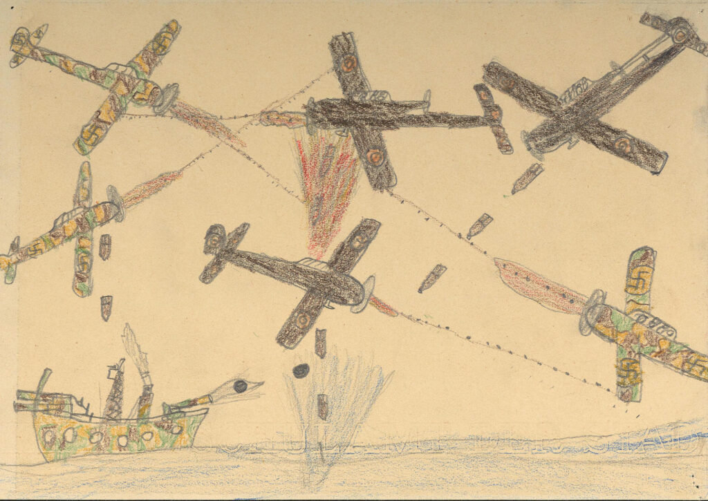«Krieg», 1940. Kinderzeichnung eines 9-jährigen Schülers der 3. Klasse aus Zürich. Bleistift und Farbstift auf Papier, 15,0 × 21,1 cm. Archiv der Kinder- und Jugendzeichnungen der Stiftung Pestaloz-zianum, Signatur IIJ_001_008. Das Werk gehört zu 56 Arbeiten aus diesem Bestand, die 2025 in das internationale UNESCO-Register «Memory of the World» aufgenommen wurden.