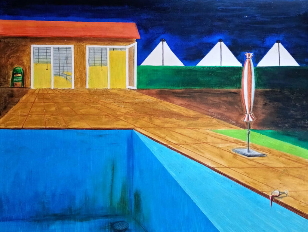 Image: © Marie Onillon, Sans titre, 2026. Posca, néo-pastel, crayon de couleur sur papier, 26 x 34 cm